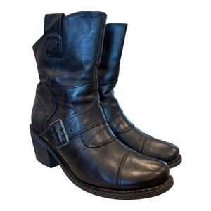 HARLEY-DAVIDSON Womens 9.5 Black Boulder Biker Leather Boots Buckle Mid-Calf